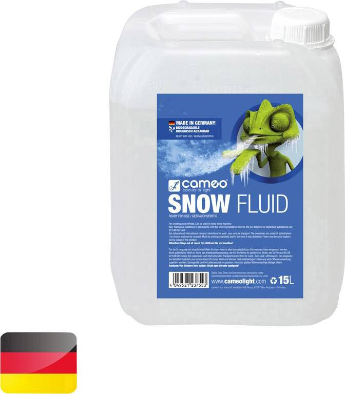 Kanister s 15 litrami Cameo Snow Fluid, vhodný na umelú tvorbu snehu. Na etikete je vyobrazená chameleón.