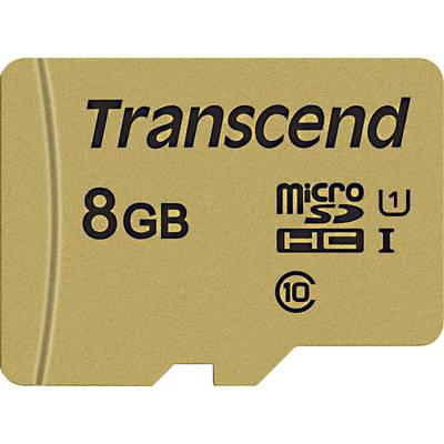 Zlatá Transcend 8 GB microSDHC karta, trieda 10, s podporou UHS-I, vhodná pre rýchly prenos a ukladanie dát.