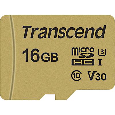 Zlatá microSD karta od Transcendu, 16 GB kapacita, trieda 10, UHS-I, V30, vhodná pre HD videonahrávky.