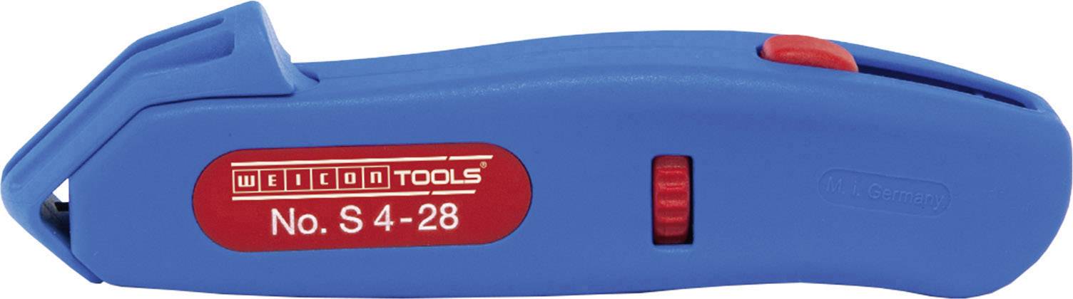Modrý bezpečnostný nôž s červeným posuvníkom, značka 'Weicon Tools', model č. S 4-28, vhodný na rezanie obalov.