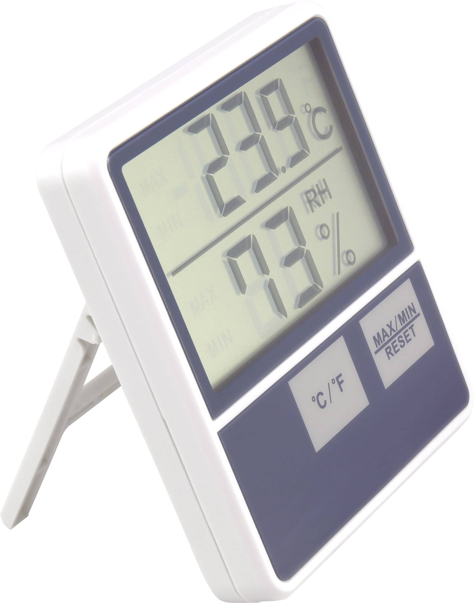 Digitálny teplomer a vlhkomer na stojane, ktorý ukazuje 23,9°C a 73% relatívnej vlhkosti vzduchu.