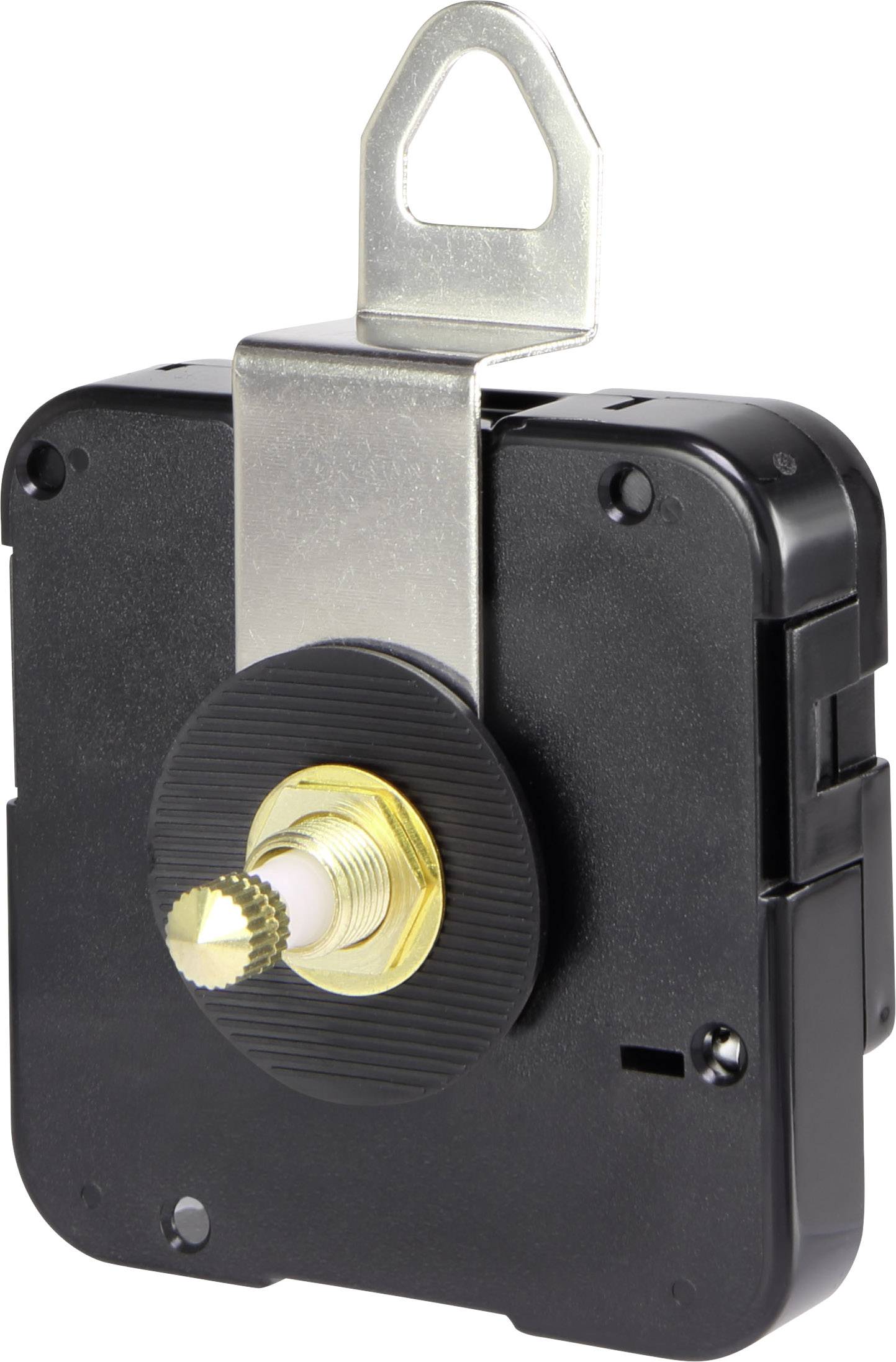 Štvorcový strojček hodín v čiernej farbe s centrálnym mosadzným ozubeným kolesom a kovovým popruhom hore, vhodný na inštaláciu do analógových hodín.