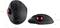 Dva pohľady na ergonomickú čiernu trackball myš s červeným trackballom. Rozmery: 130 mm dlhá, 107 mm široká, 45 mm vysoká.