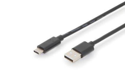USB kábel s USB-A zástrčkou a USB-C zástrčkou, čierny, na svetlom pozadí.