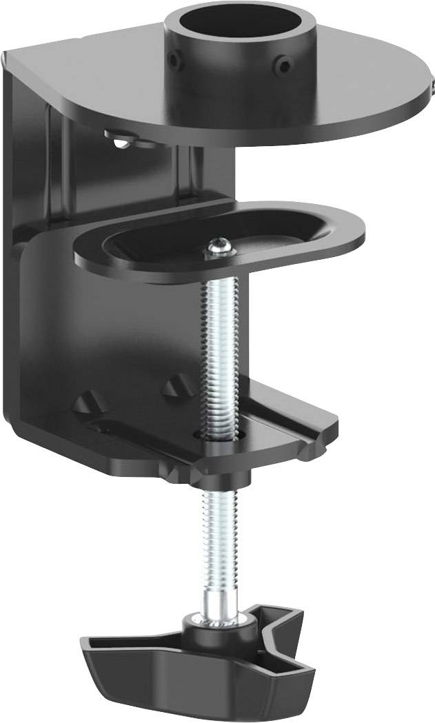 Čierna stolová svorka, vhodná na upevnenie mikrofónových ramien alebo podobných zariadení na hranu stola.