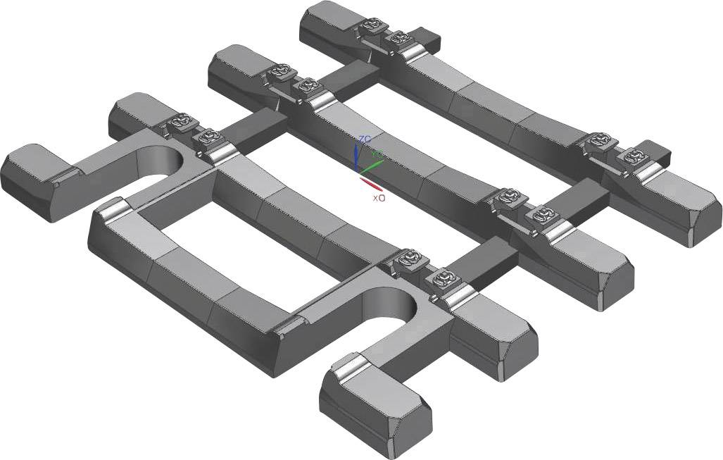 3D model technickej komponenty pozostávajúci z niekoľkých obdĺžnikových a L-tvarových prvkov, usporiadaných v dvoch radoch.