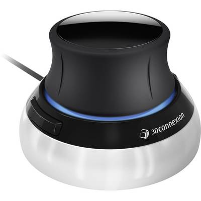 Ergonomická, čierna 3D myš so strieborným podstavcom a káblom, vhodná pre presné ovládanie v dizajnérskych a CAD aplikáciách.