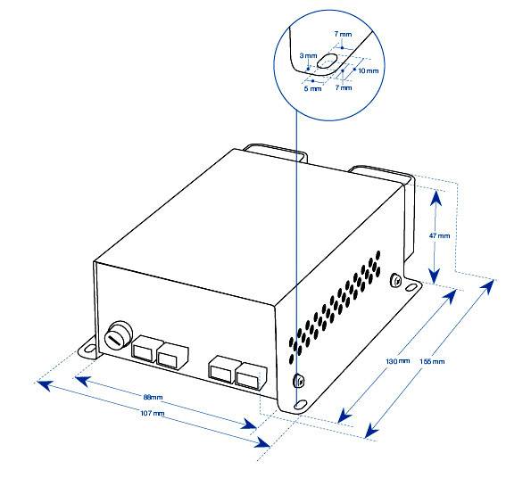 Výkres elektronického zariadenia s podrobnými rozmermi. Dĺžka: 165 mm, šírka: 107 mm, výška: 47 mm. Vzdialenosť medzi skrutkami: 7 mm.