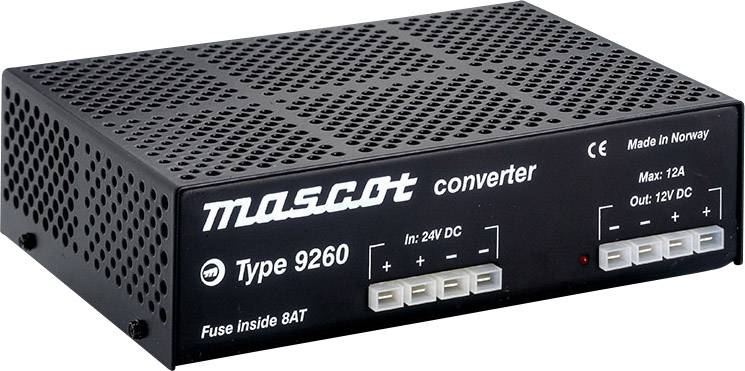 'Mascot Type 9260' DC/DC menič, Vstup: 24V DC, Výstup: 12V DC, Max: 12A. Čierne púzdro s vetracími štrbinami. Vyrobené v Nórsku.