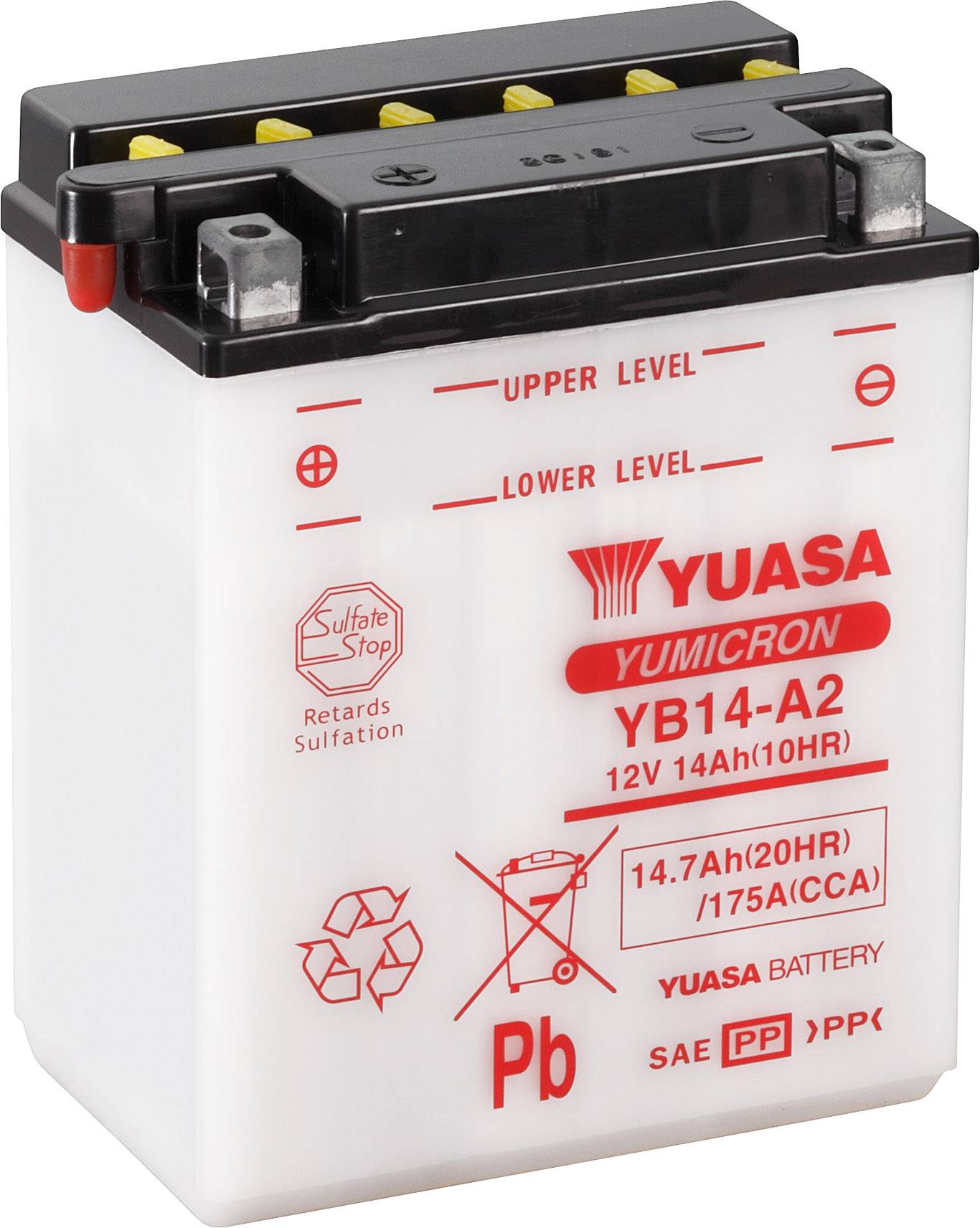 Biela Yuasa batéria s čiernym krytom, červeným logom a údajmi o kapacite: 12V, 14Ah. Značky maximálnej a minimálnej hladiny náplne.