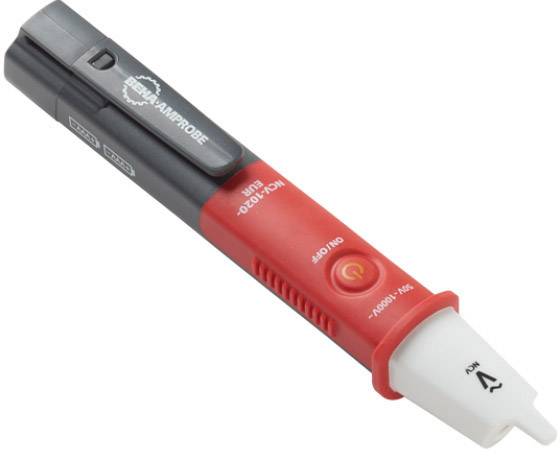Bezkontaktný tester napätia v červenej a čiernej farbe, ktorý sa používa na bezpečné testovanie elektrického napätia.