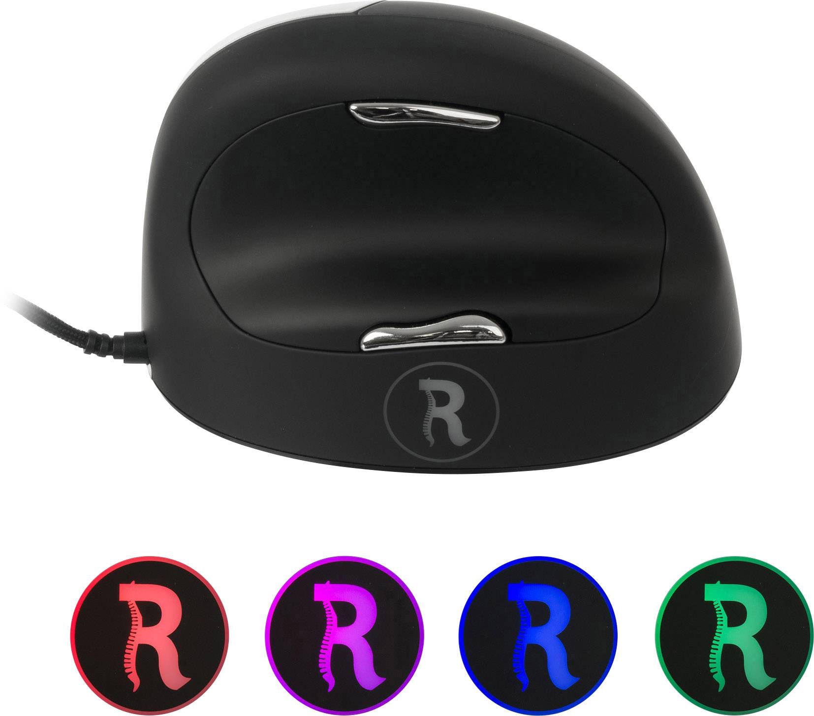 Vertikálna ergonomická počítačová myš s logom "R", ktorý svieti v rôznych farbách: červenej, fialovej, modrej a zelenej.