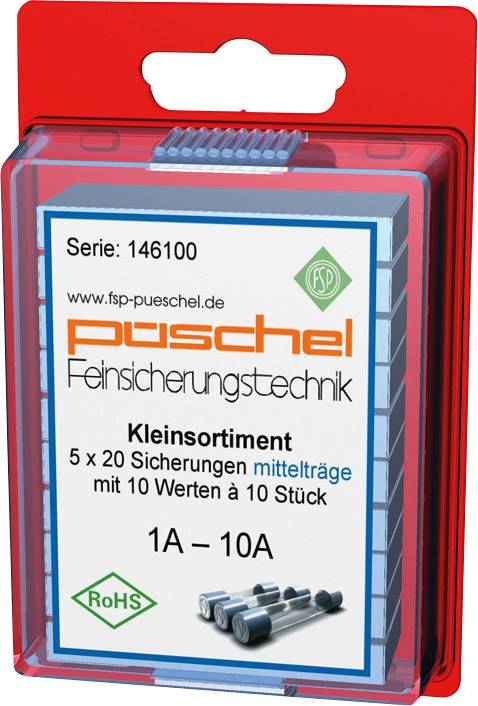 Červený obal s nápisom 'pueschel Feinsicherungstechnik', obsahuje 5 x 20 poistiek, hodnotenie 1A - 10A.