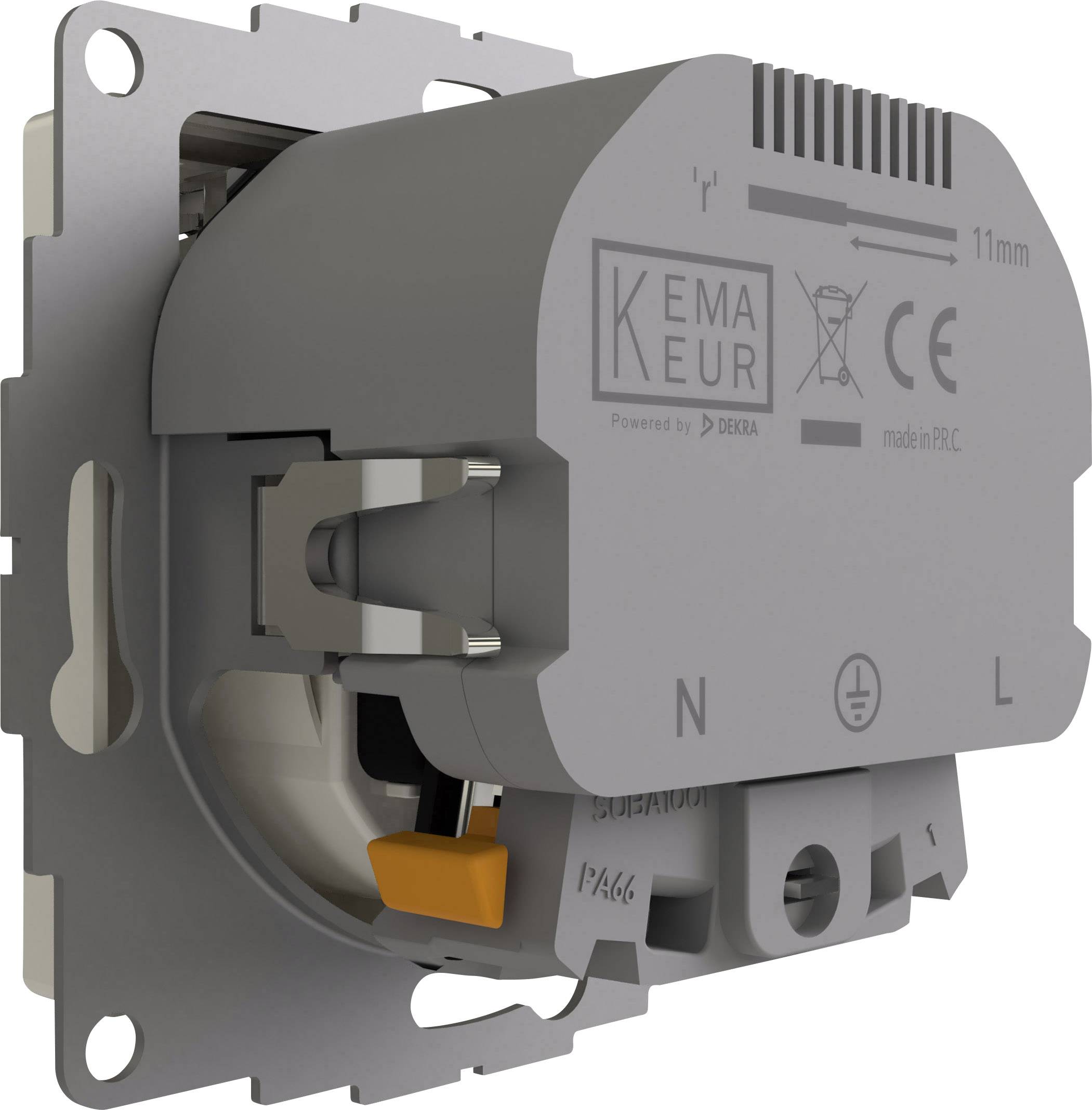 Sivý elektrický podstavec zásuvky s certifikáciou KEMA KEUR, vhodný pre štandardnú montáž do stenových krabíc.