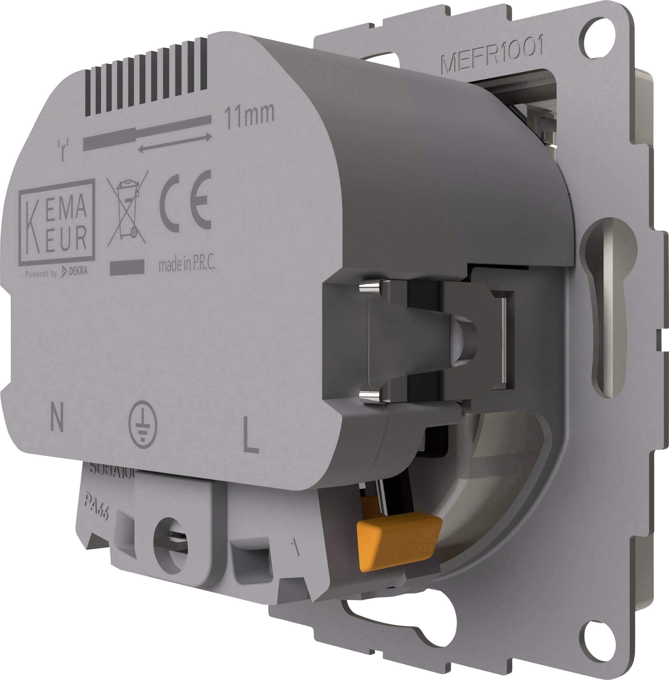 Elektrický spínací modul v 3D pohľade. Značky zobrazujú certifikáty, pôvod a technické špecifikácie.