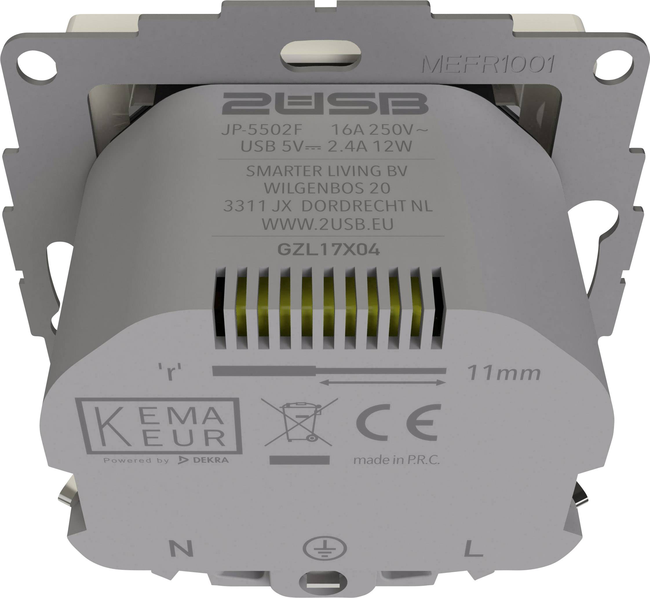 Biely USB adaptér do steny s logom značky a technickými špecifikáciami vrátane napätia a informácií o výrobcovi, zobrazený hore.