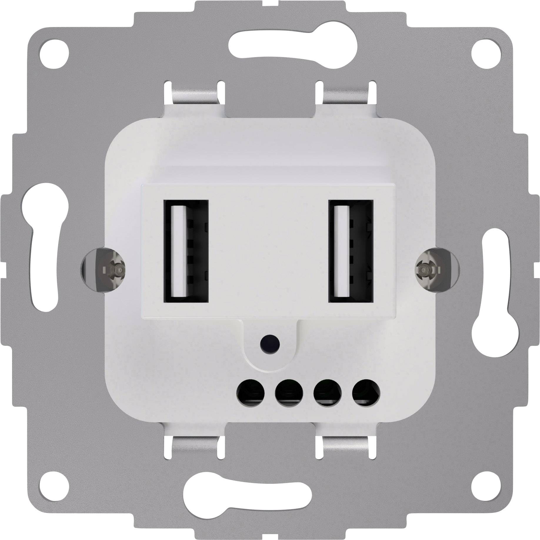 Biela USB nabíjacia stanica s dvoma USB portami, namontovaná na kovovej doske, navrhnutá pre integráciu do stenových systémov.