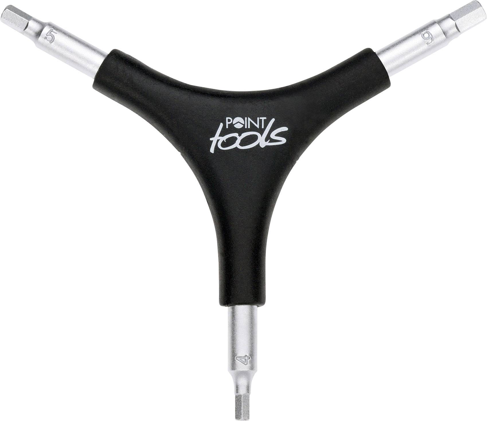 Trojitý skrutkovač s čiernou rukoväťou s nápisom 'Point tools', vhodný na opravy bicyklov.