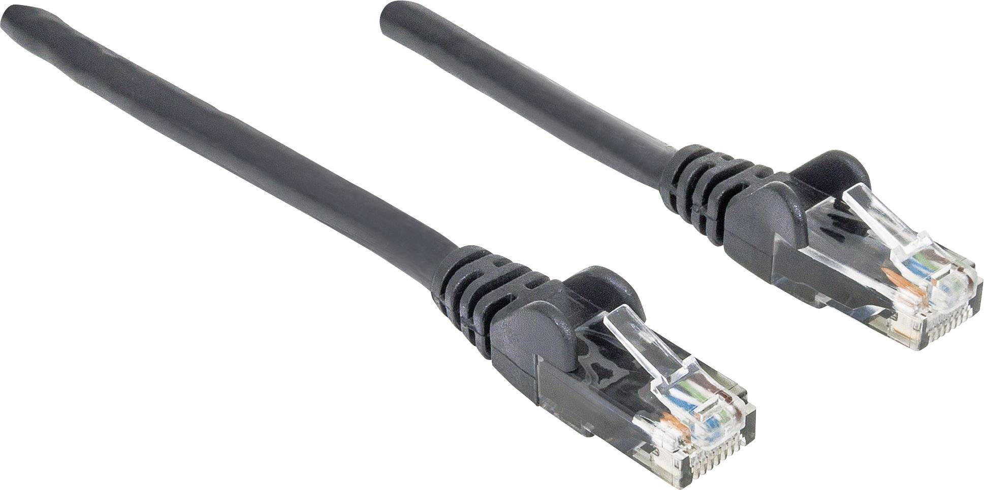 Dva čierne ethernetové káble s RJ45 konektormi, zobrazené na bielom pozadí.
