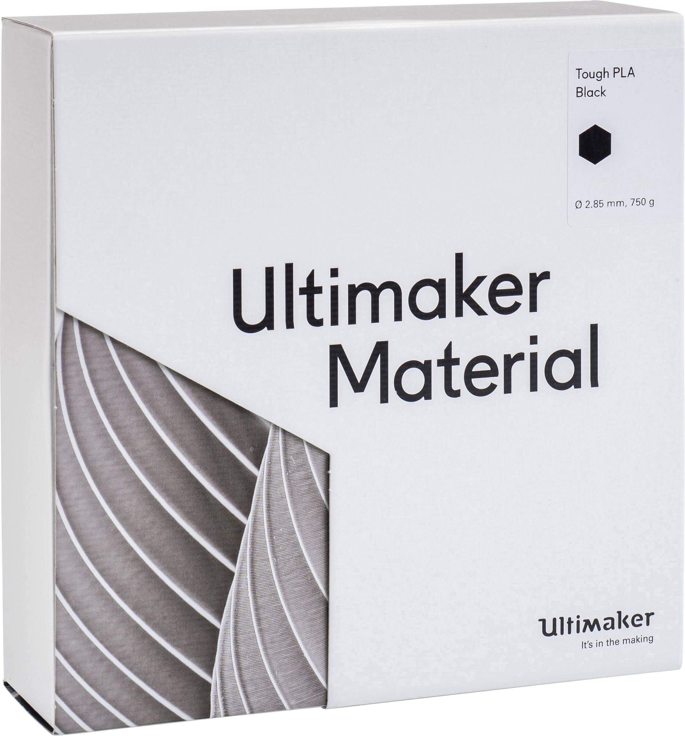 Balenie s nápisom 'Ultimaker Material'. Obsahuje informácie o produkte: 'Tough PLA Black', 2,85 mm, 750 g.