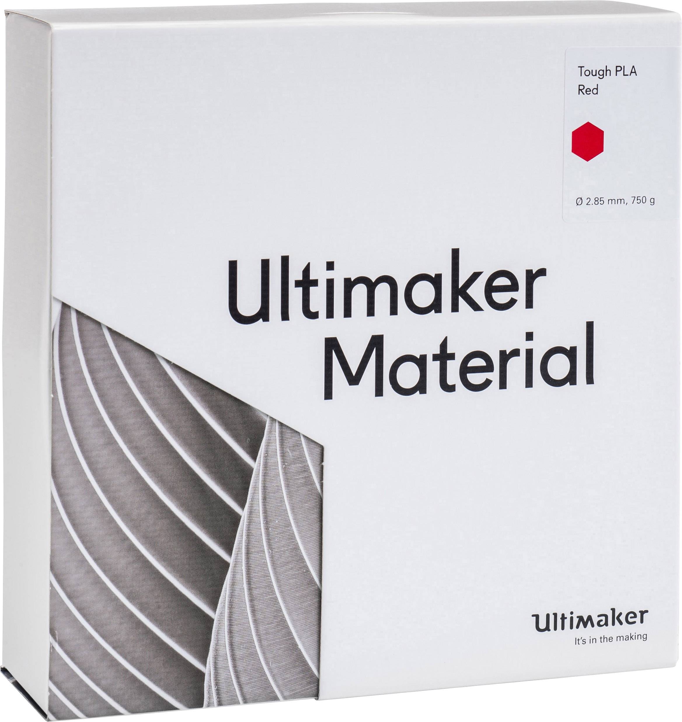 Balenie cievky materiálu Ultimaker s nápisom 'Tough PLA Red'. Cieva má priemer 2,85 mm a váži 750 g.