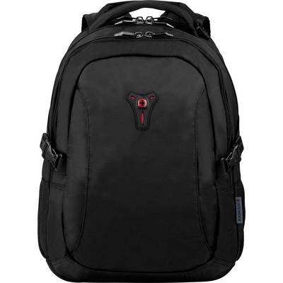 Čierny ruksak s viacerými zipovými vreckami a červeným logom na prednej strane. Vhodný pre notebook a príslušenstvo.