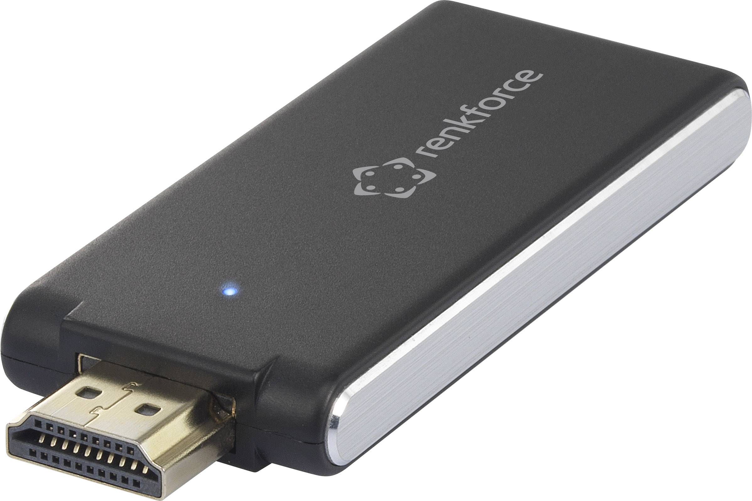 Čierny HDMI dongle od značky Renkforce so svietiacou modrou stavovou indikáciou. Vhodný pre bezdrôtový prenos displeja.