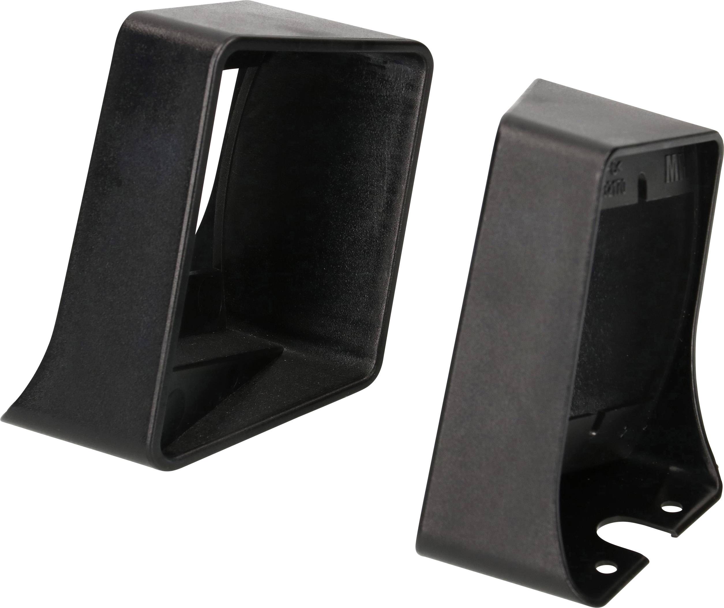 Dva čierne, obdĺžnikové plastové obaly so zakrivenom zadnou stranou stoja vedľa seba. Sú otvorené a odhaľujú svoje vnútro.