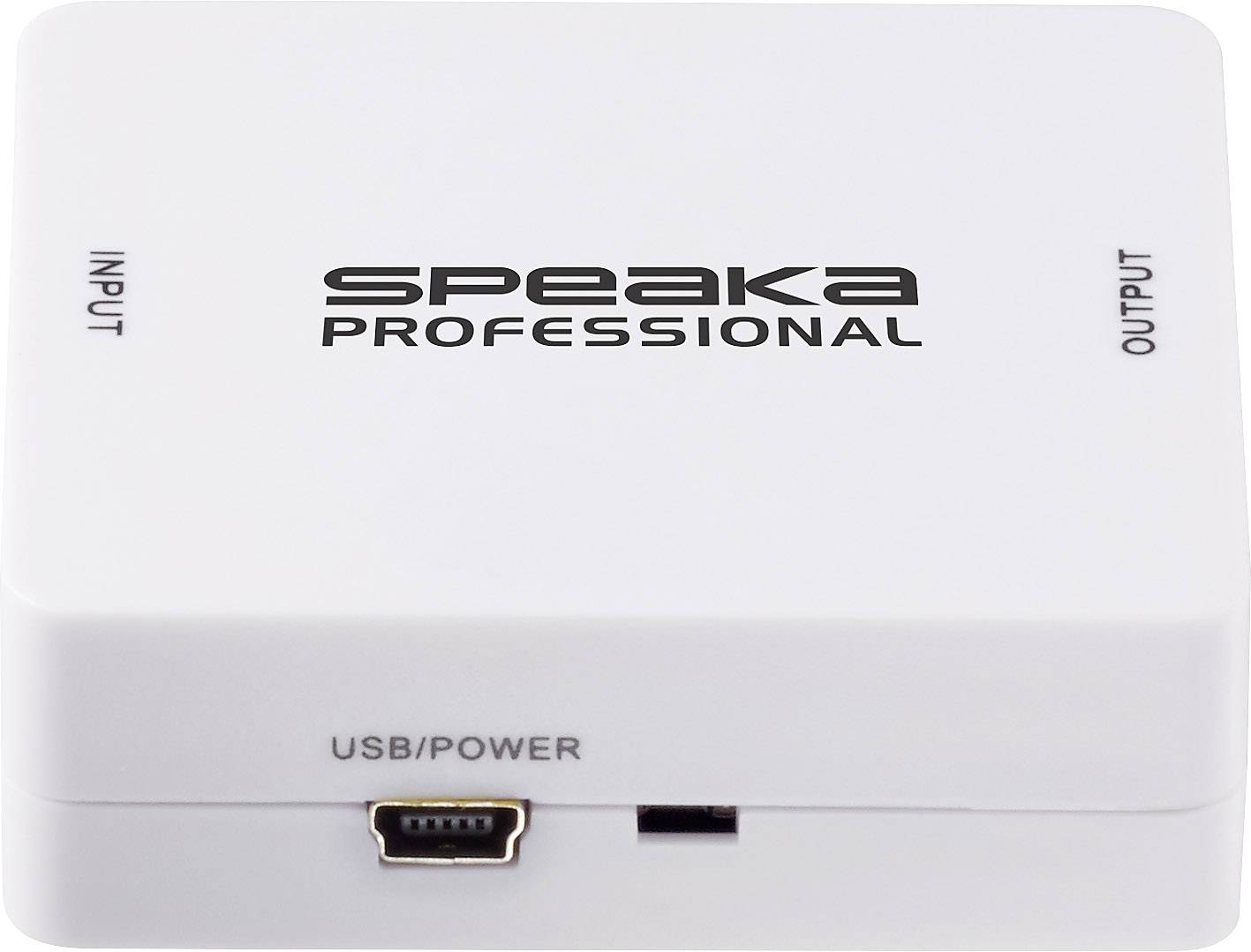 Biely plastový kryt digitálneho audio konvertora so značkou 'Speaka Professional'. Vstupy pre vstup, výstup a USB/napájanie.