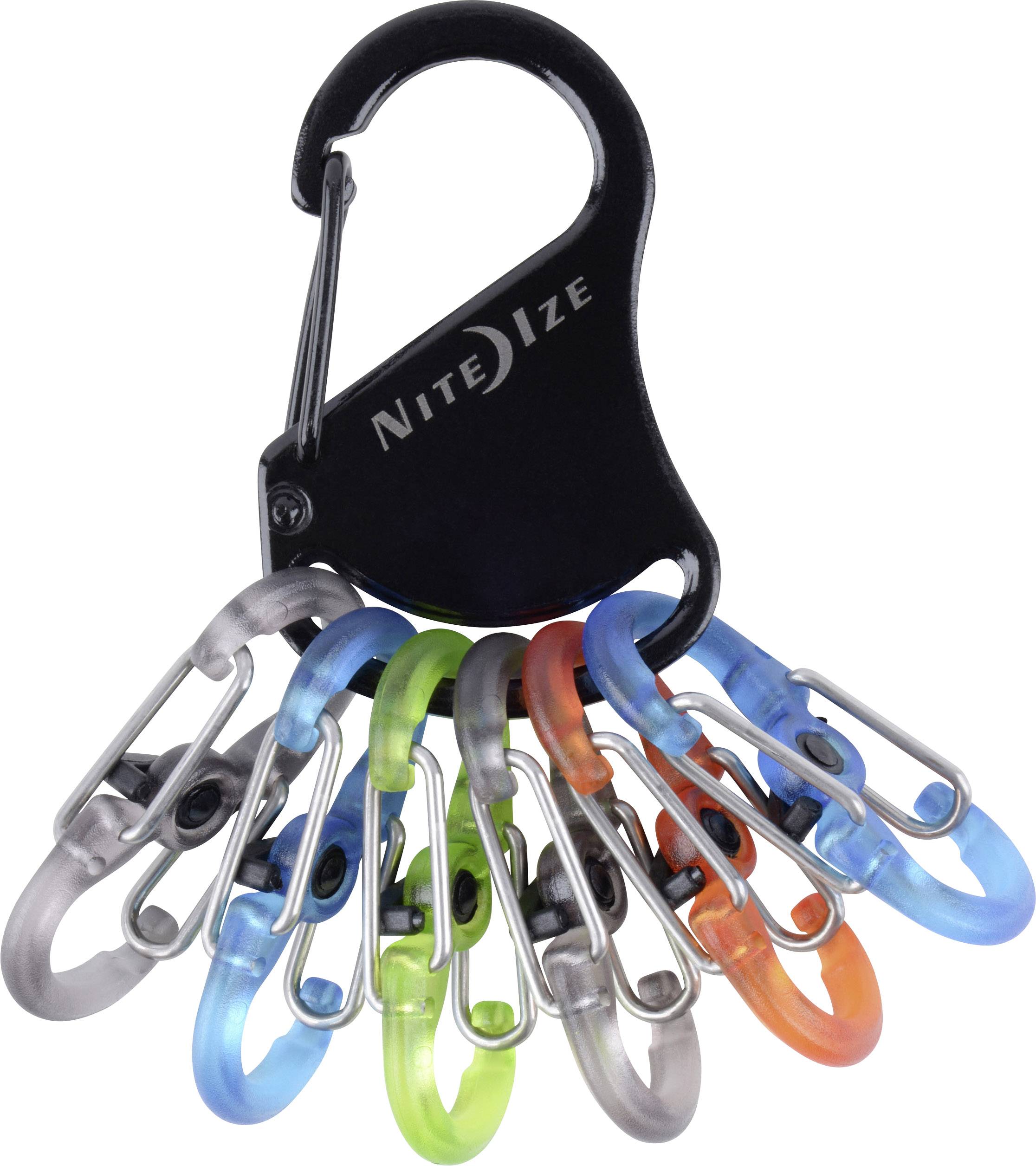 Čierny karabínový háčik drží niekoľko menších farebných karabínových háčikov v odtieňoch sivej, modrej, zelenej a oranžovej.