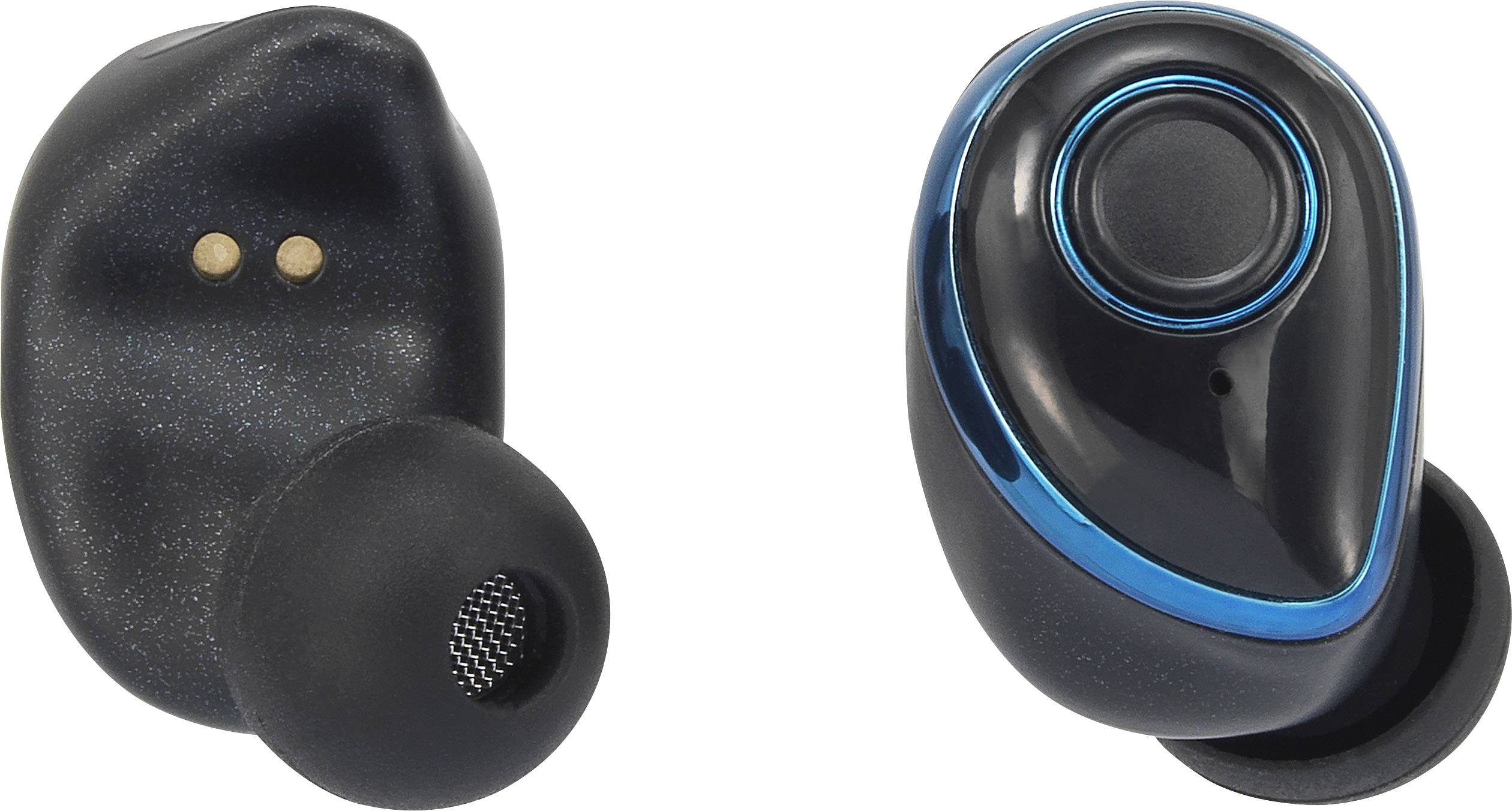 Dva bezdrôtové čierne slúchadlá s modrými akcentmi; jedno ukazuje prednú stranu s tlačidlom, druhé zadnú stranu s dobíjacími kontaktmi.