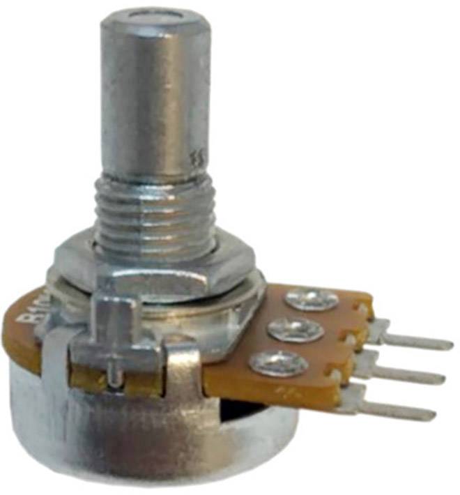 Kovový potenciometer s tromi vývodmi a otočným hriadeľom na nastavenie odporu v elektronických obvodoch.