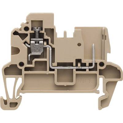 Svorková lišta v priečnom reze, zobrazuje mechanizmus s kovovým skrutkovým spojem a vodičom. Béžové plastové púzdro, technický komponent.