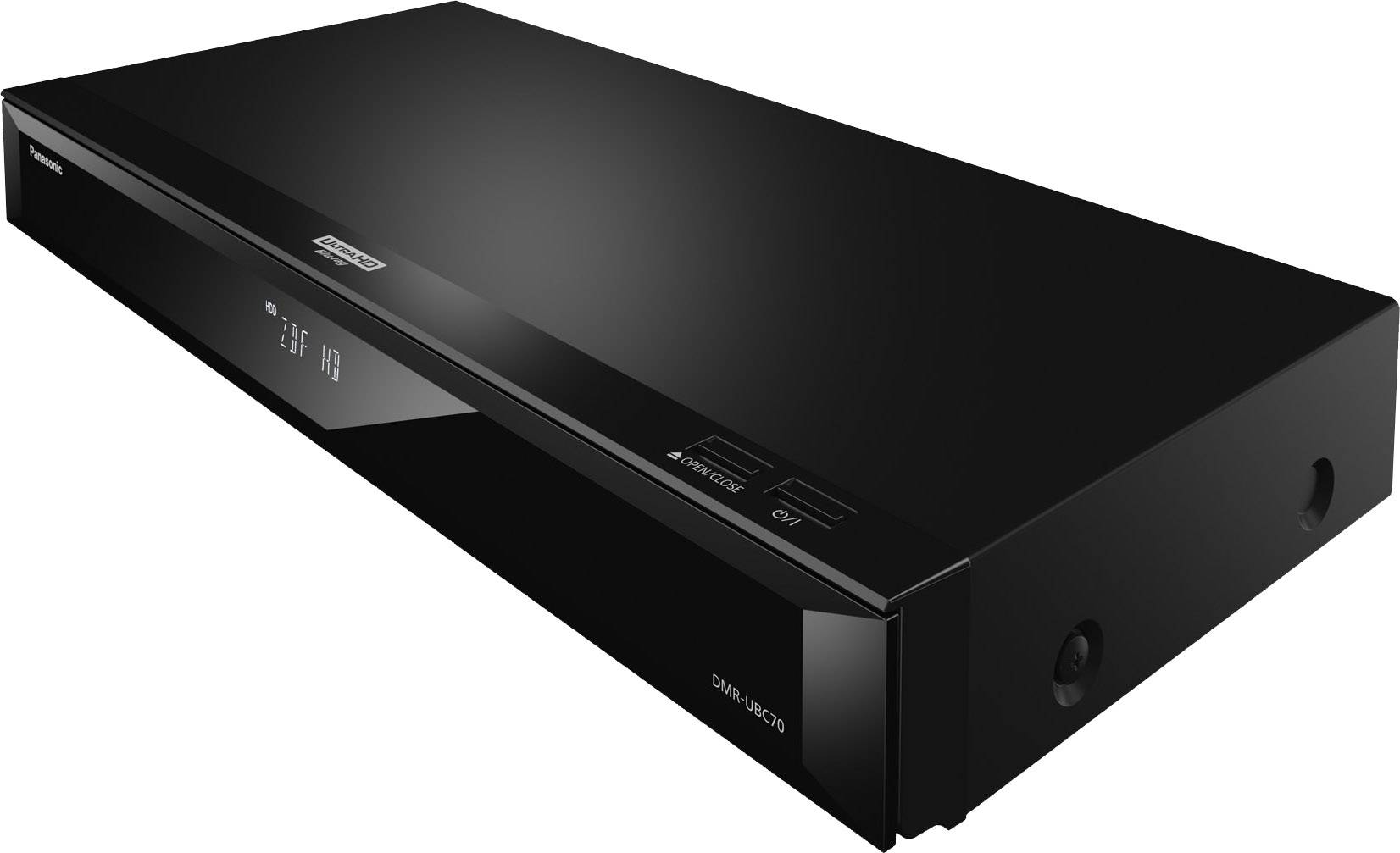 Čierny blu-ray prehrávač s digitálnym displejom a viacerými tlačidlami na prednej strane. Zariadenie zobrazuje nápis 'DISC' a symbol indikátory.