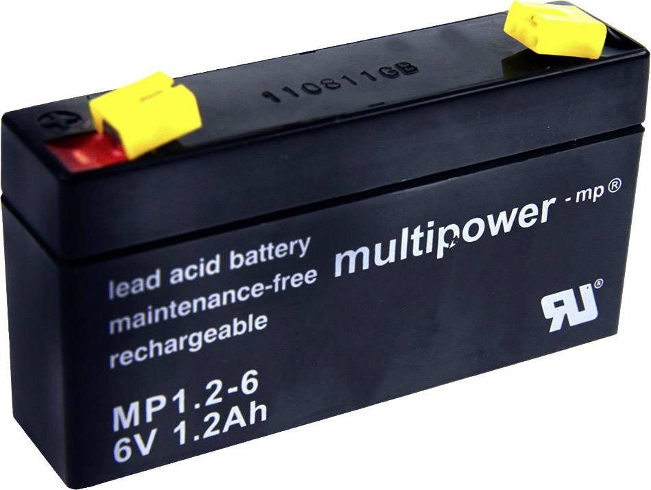 Olovený akumulátor, bezúdržbový, nabíjateľný, značka Multipower, model MP1.2-6, 6V, 1.2Ah.