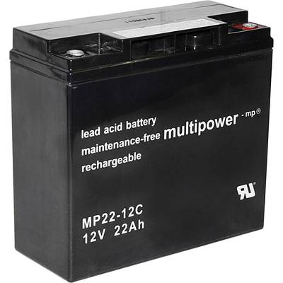 Čierna olovo-kyselinová batéria s nápisom: lead acid battery, bezúdržbová, multipower, 12V, 22Ah.