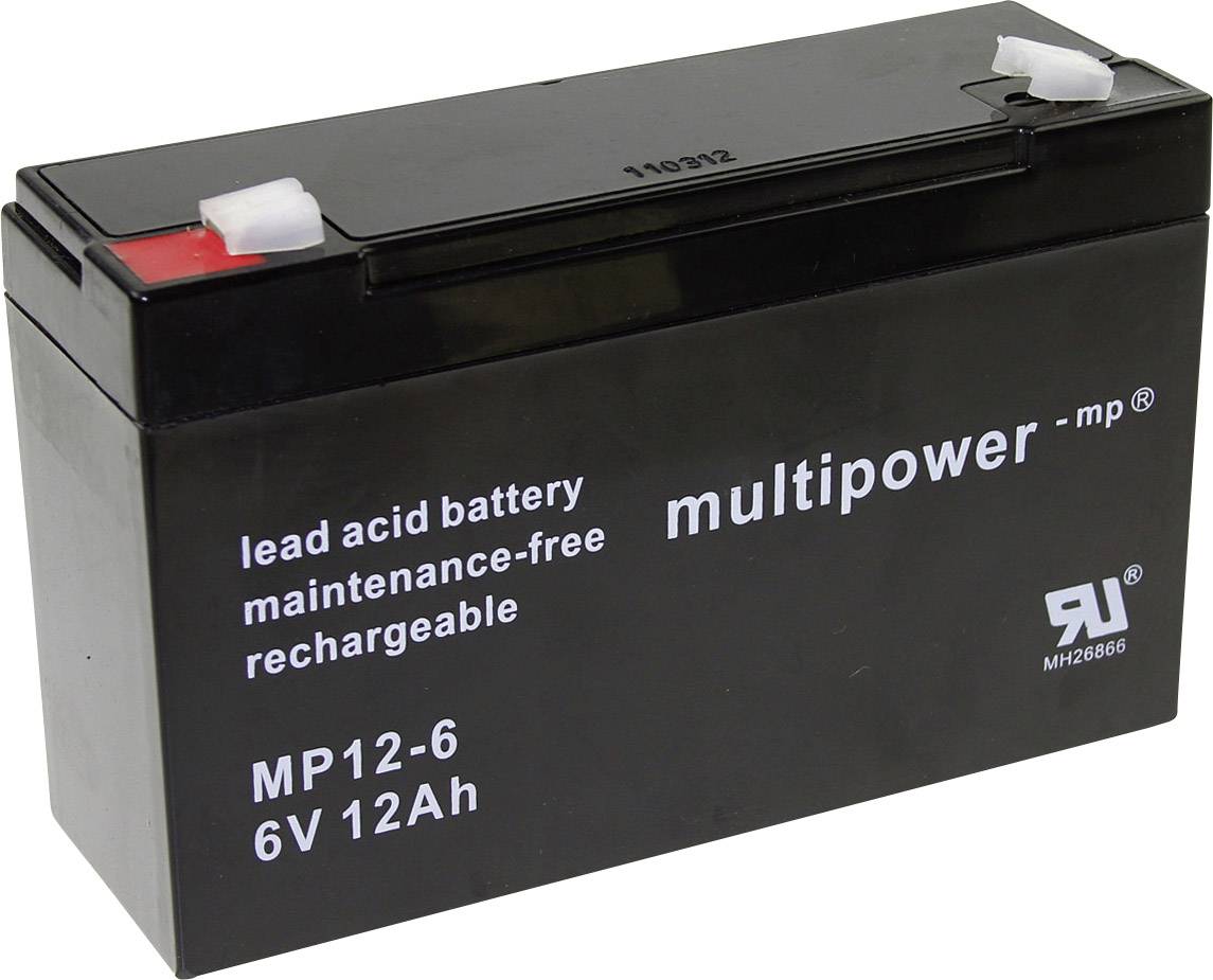 Čierna olovená batéria, bezúdržbová a dobíjateľná. Nápis: 'multipower', MP12-6, 6V, 12Ah.