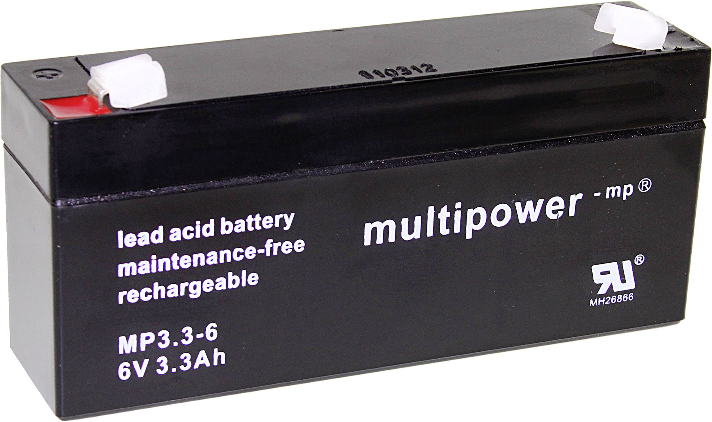Dobíjateľná olovená batéria 'multipower', model MP3.3-6, 6V 3.3Ah, bezúdržbová, čierny obdĺžnikový tvar s bielym a červeným konektorom.