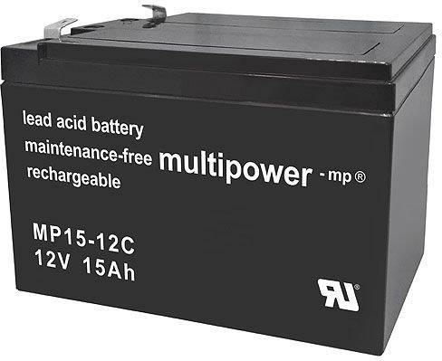 Čierna olovená batéria s nápisom 'multipower', 'bezúdržbová', '12V 15Ah'.