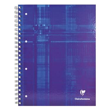 Modrý károvaný zošit so špirálovou väzbou a lesklým obalom má v pravom dolnom rohu logo 'Clairefontaine'.