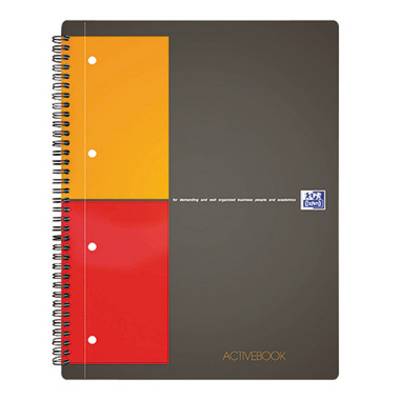 Špirálový notes so sivým obalom a dvoma farebnými obdĺžnikmi v žltej a červenej farbe. V pravom hornom rohu je logo značky.