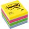 Kôpka farebných samolepiacich lístkov značky Post-it, pozostávajúca zo žltých, ružových, zelených a modrých útržkov.