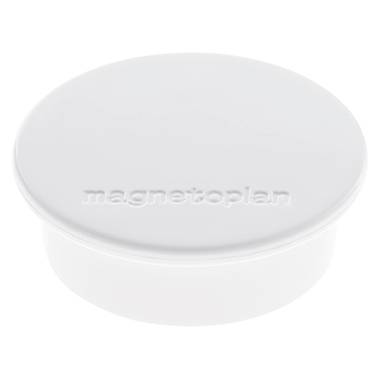 Guľatý, biely magnet s reliéfnym nápisom 'magnetoplan' na hornej strane, používaný na upevňovanie papierov na magnetické povrchy.
