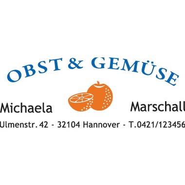 'OVOCIE A ZELENINA Michaela Marschallová, Brestová ul. 42, 32104 Hannover, T.0421/123456' - Logo s obrázkom oranžového ovocia.
