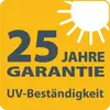 "25 rokov záruky UV odolnosti" na žltom pozadí so symbolom slnka v pravom hornom rohu.