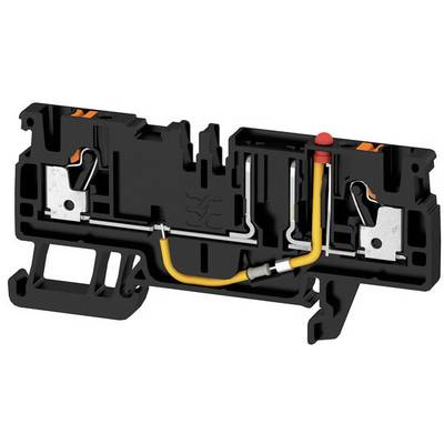 Čierna elektrická svorka s oranžovými detailmi a žltým vodičom, ktorý je intern prepojený. Používa sa na zapojenie elektrických obvodov.