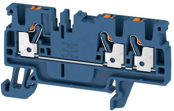 Modrý, dvojpólový elektrický radový svorkovnicový blok s kovovými kontaktmi a oranžovými pákami, určený na prepájanie vodičov v rozvádzačoch.