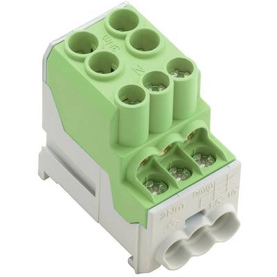Zelený elektrický konektor so šiestimi vývodmi, vhodný pre káblové prepojenia v elektrických inštaláciách.