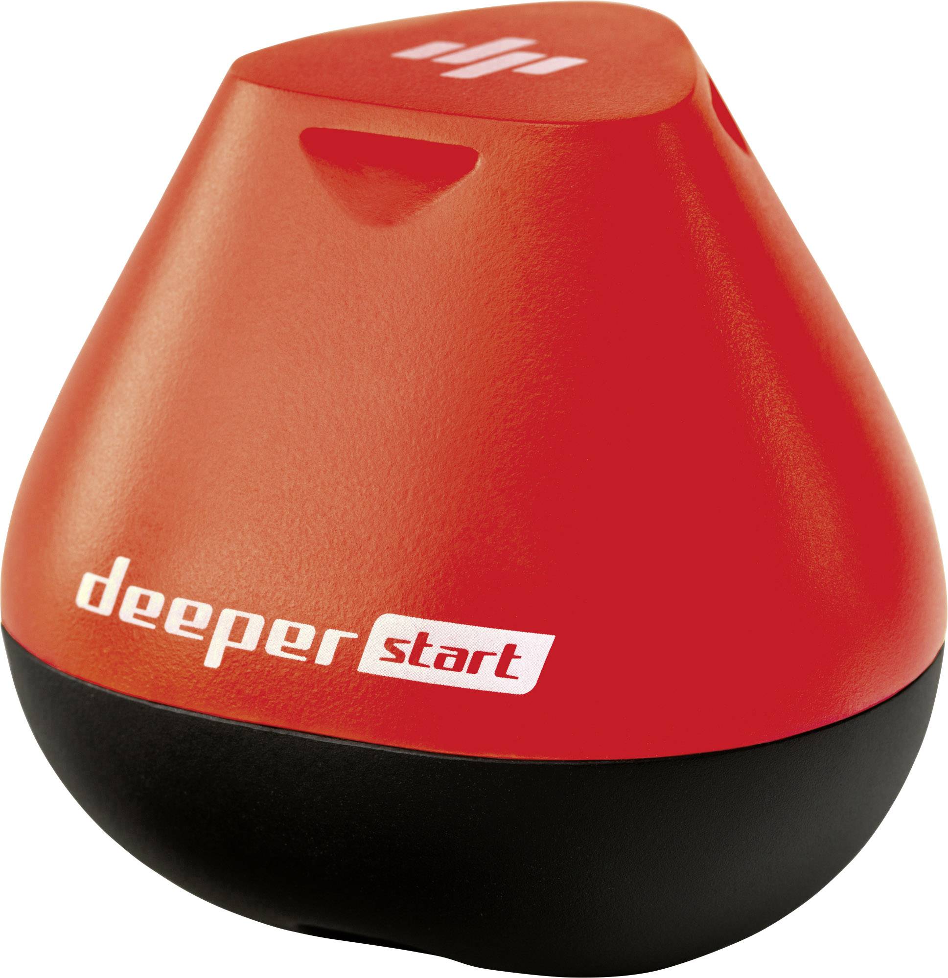 Červený a čierny oválny predmet s nápisom 'deeper start'. Pravdepodobne ide o technické zariadenie alebo príslušenstvo.
