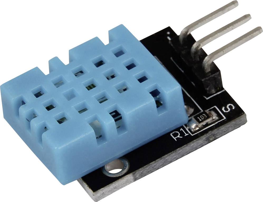 Modrý digitálny snímač teploty a vlhkosti na čiernom čipe, vhodný pre Arduino projekty a elektronické experimenty.